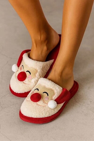 LUFFO Noel Baba Figürlü Pofuduk Ev Terliği Yılbaşı Özel Tasarım Ev Terliği Kaydırmaz Taban