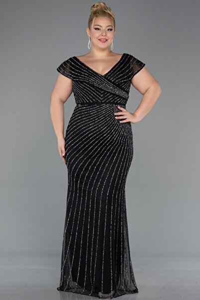 Abiyefon Siyah Kayık Yaka Uzun Taşlı Büyük Beden Abiye Elbise ABU5439