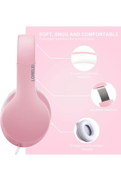 LORELEİ سماعات رأس X6 فوق الأذن مع ميكروفون (لون وردي لؤلؤي)