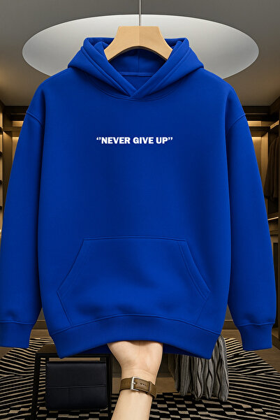 Revasser Unisex Erkek/Kadın NEVER Renkli Özel Baskılı Pamuklu Oversize Kapüşo...