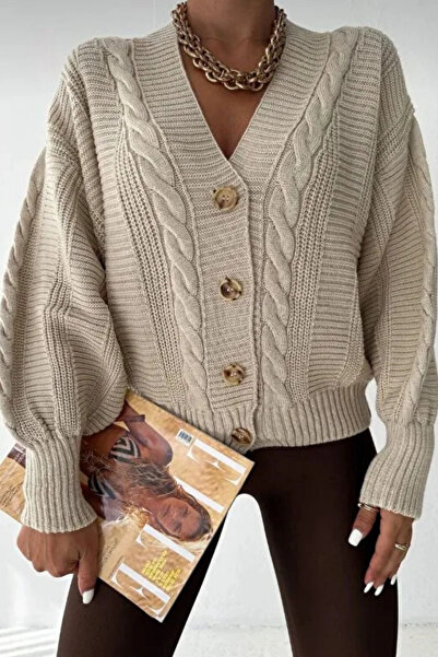 The Robi Women's Beige V-Neck Buttoned Hair Knitwear Cardigan