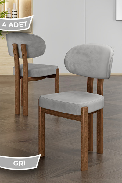 Canisa Dore Serisi 4 Adet Gri Babyface Kumaş Ahşap Kaplama Mutfak Sandalyesi