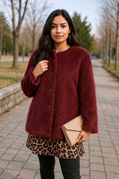 ŞIK VE MUTLU Burgundy Premium Coat Jacket with Scarf Accessories