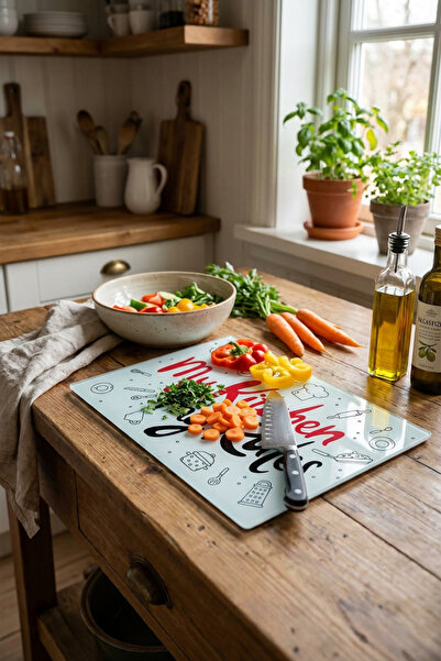 MAKRİ HOME My Kitchen My Rules Written Patterned Glass Cutting Board – Tempered Glass, 25×35 cm