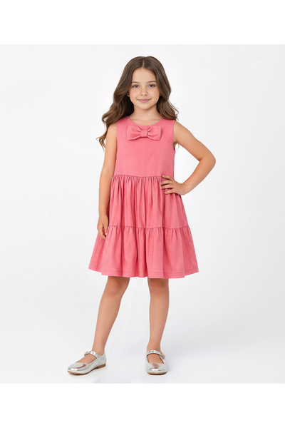 GOOSE Kız Çocuk Pileli Fiyonk Detaylı Pembe Elbise