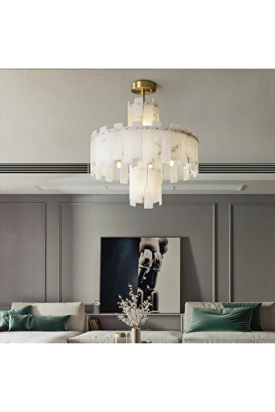 RONİSU AYDINLATMA Regina Mermer Sarkıt Avize – Katmanlı Tasarım, Yüksek Tavan İçin Lüks Avize RA-AVZ- 5847-31-45
