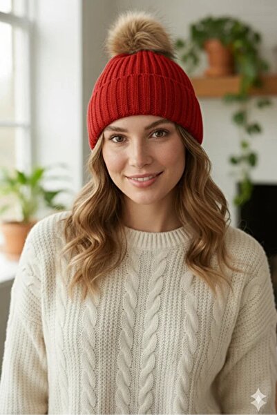 Scarpebutik Women's Fur Pompom Wool Red Beret