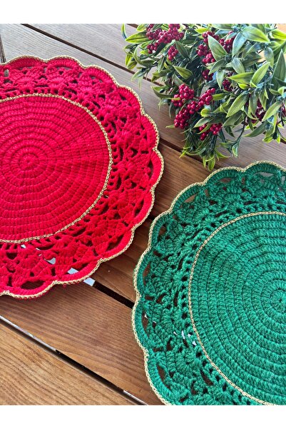 Mauna El Yapımı Örgü Amerikan Servis 2’li set ,Gold Detaylı, Kırmızı & Yeşil,...