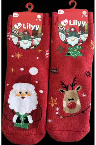 lilyy Yılbaşı Temalı Kırmızı Çocuk Çorap – Noel Baba & Geyik Desenli (9–10 Yaş)
