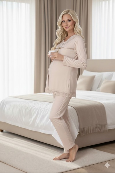 LOHOUSE Women's Shawl Collar Lace Maternity Pajama Set with Dressing Gown, 3-Piece Pajama Set
