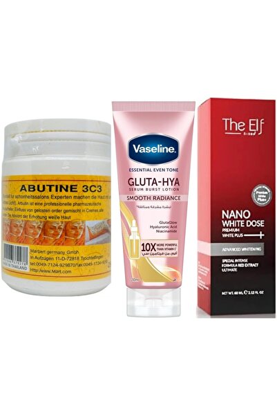 The elf سيروم إيلف نانو وايت 60 مل، كريم تبييض أبوتين 250 جرام، سيروم فازلين جلوتا هيا 330 مل - مجموعة من 3 قطع