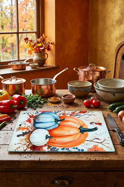 MAKRİ HOME Decorative Pumpkin Patterned Glass Cutting Board 25 cm × 35 cm