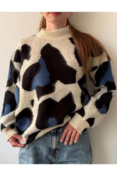 CHIC Oversize Kadın Leopar Desenli Sakallı Trend Triko Kazak
