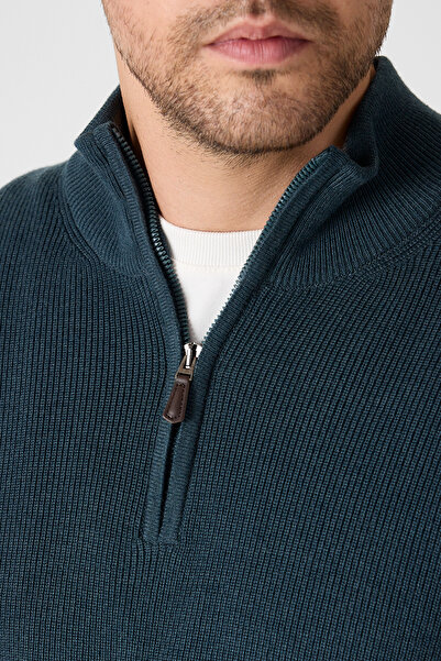 Frappoli سترة مونيكا للرجال باللون الأخضر الداكن من سيلانيك محبوكة بسحاب نصفي ياقة مرتفعة متوسطة الطول مقاس عادي