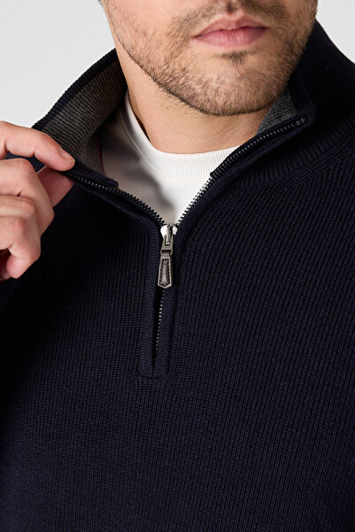 Frappoli Pulover Monica pentru bărbați, albastru bleumarin, împletit Selenik, cu jumătate de fermoar, guler ridicat Regular Fit