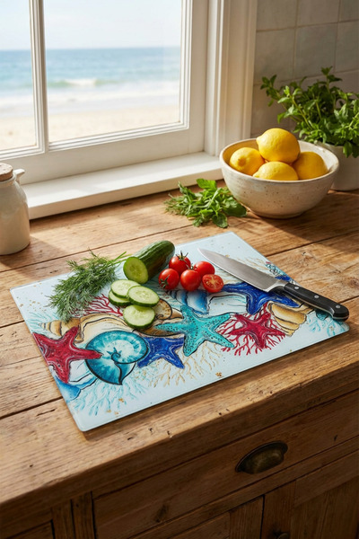 MAKRİ HOME لوح تقطيع زجاجي منقوش بأشكال الأصداف البحرية 25×35 سم