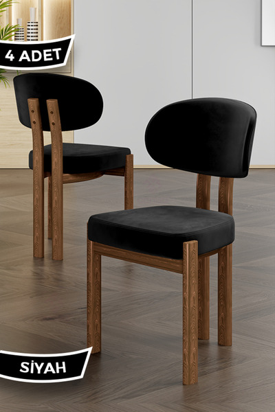 Canisa Dore Serisi 4 Adet Siyah Babyface Kumaş Ahşap Kaplama Mutfak Sandalyesi