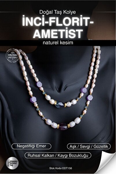 OSMANLI DEĞERLİ TAŞ قلادة من الحجر الطبيعي من اللؤلؤ والفلوريت والأميثيست الم...