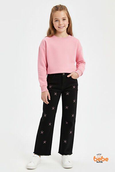 Trend Bebe Butik Kız Çocuk Nakışlı Jean Pantolon,Cepli,Paçası Püsküllü ,Yükse...