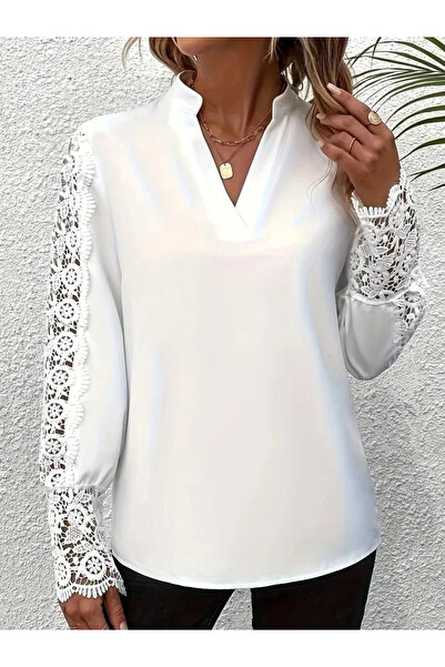 GENCULUS Women's Long Sleeve Judge Collar Sleeves Lace Detailed Imported Crepe Blouse