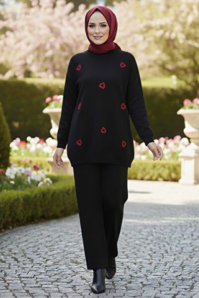 TOFİSA Heart Embroidered Double Knitwear Set Black - 28063-Black