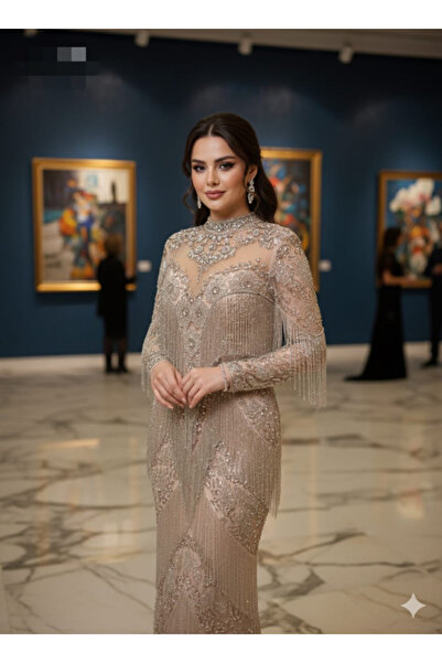 Zeyn KADIN ABİYE BONCUK VE SAÇAK İŞLEME DETAYLI UZUN ELBİSE