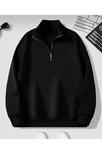 Ahsenbutik سويت شيرت أسود ياقة مرتفعة متوسطة الطول بسحاب نصفي