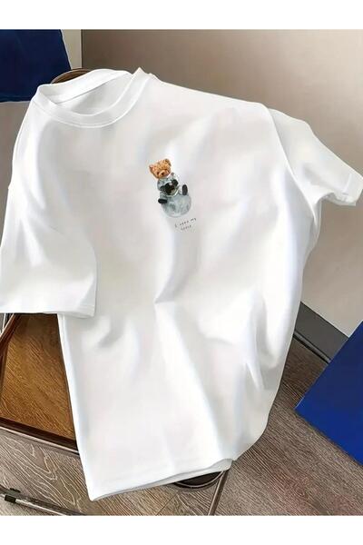 Oceanwear Cute Bear Printed Short Sleeve Crew Neck Unisex Plain White Tshirt
