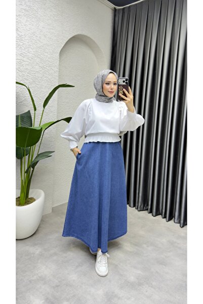 M O L İ T A Lastik Belli Uzun Kot Etek – 100 cm | 38-46 Beden Rahat Kalıp