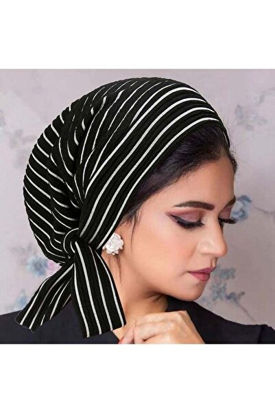 Laravel Striped Muslim Long-Tail Elastic Turban Hat - Black-White Striped