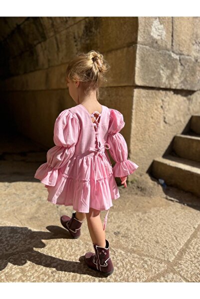 Limonlu Pamuk Kız Çocuk Balon Büzgü Kollu Sırtı Bağlama Detaylı Pembe Keten E...