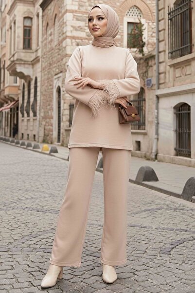 TOFİSA Modal Double Suit with Feather Sleeves Cream - 088-Krem