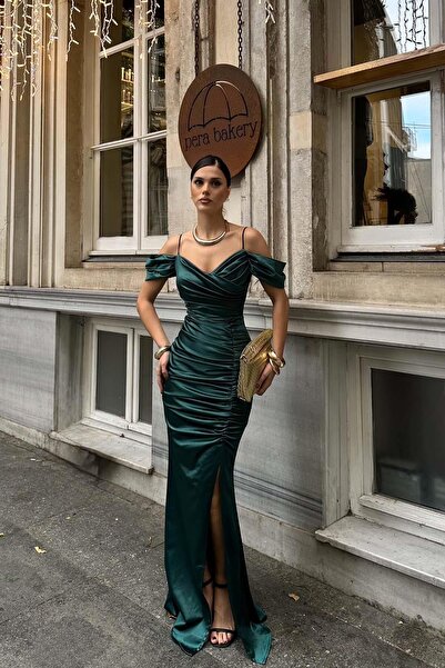 My Loore Rochie de seară lungă din satin verde smarald pentru femei cu fantă ...