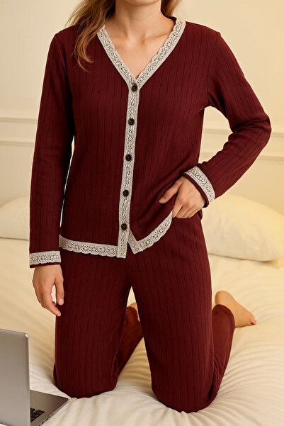 COMBİNE MİCHAİL Women's Cardigan Loose Tracksuit Burgundy Pajama Set