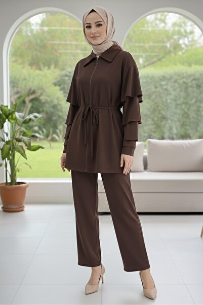TOFİSA Modal Double Suit with Ruffled Sleeves Brown - 089-Brown