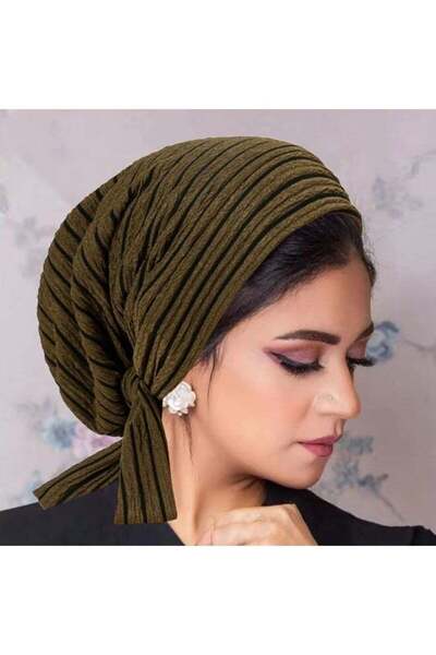 Laravel Striped Muslim Long-Tail Elastic Turban Hijab Undercap - Army Green
