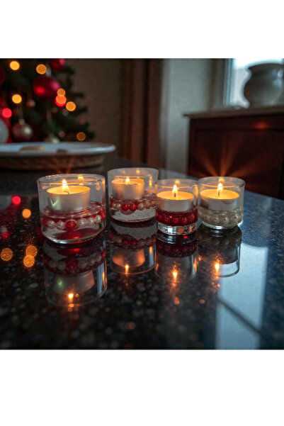 Bergmen Art Kırmızı-Beyaz İncilerle Dolgulanmış Tealight Yılbaşı Mumlukları-4...