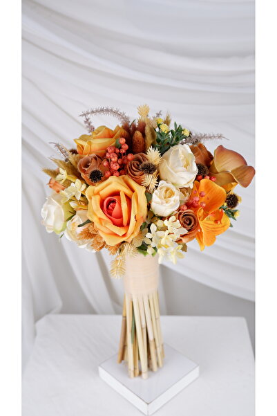 Buketlife turuncu krem kahve gala detaylı gelin çiçeği gelin buketi yaka çiçeği