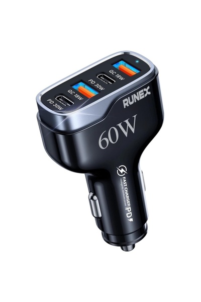 Runex Incarcator Auto Rapid RUNEX®, 4 Porturi 60W, Power Delivery, Quick Charger, Protectie Scurtcircuit