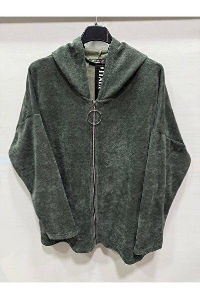 della moor Women's Khaki Italian Velvet K Hooded Zippered O Oversized Casual Sweatshirt