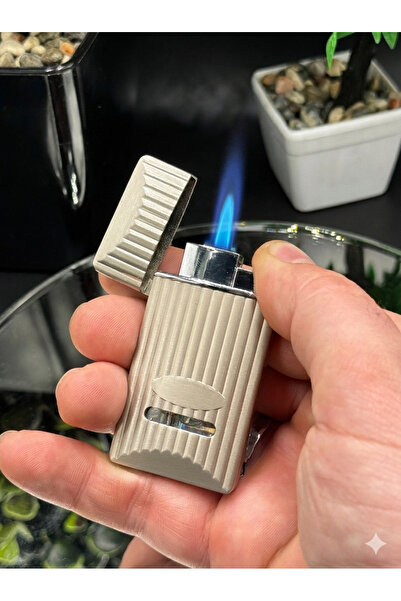 NikaŞ Lüks Tırtıklı Tasarım | Rüzgar Geçirmez Jet Alevli Metal Çakmak - Gri Renk