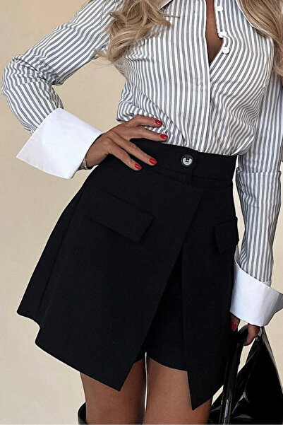 GENCULUS    Women's High Waist Buttoned Asymmetrical Cut Pocket Short Imported Crepe Shorts Skirt