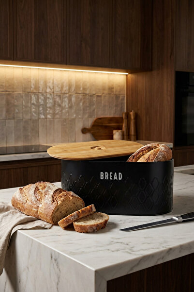 MAKRİ HOME صندوق خبز معدني، سلة خبز سوداء بغطاء من الخيزران، 34 × 19 × 16 سم
