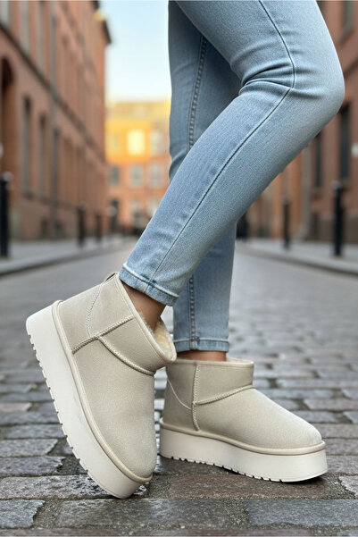 TOFİSA Women's Cream High Sole Half Suede Boots - 28078-Cream