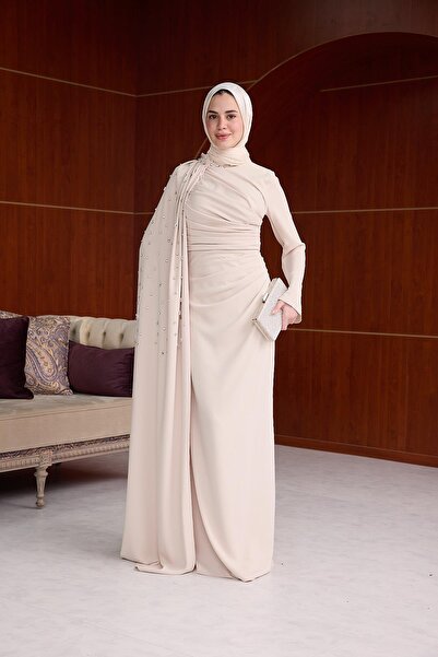 Hülya Keser Boyun ve Pelerin Taş İşlemeli Abiye - Bej