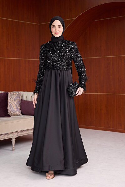 Hülya Keser Amine Payet Saten Abiye - Siyah
