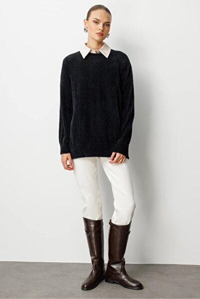 Mizalle Yuvarlak Yaka Oversize Yumuşak Dokulu Siyah Triko Kazak