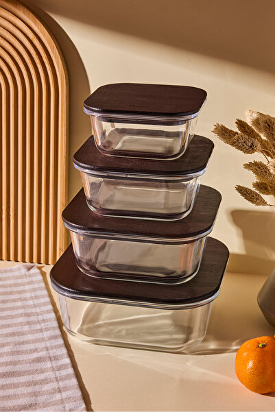 Perotti Locky Wood 4-Piece Square Glass Storage Container Set