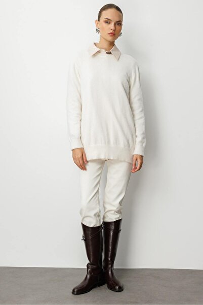 Mizalle Yuvarlak Yaka Oversize Yumuşak Dokulu Ekru Triko Kazak