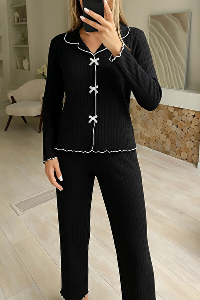COMBİNE MİCHAİL Women's Cardigan & Sweatpants Black Pajama Set